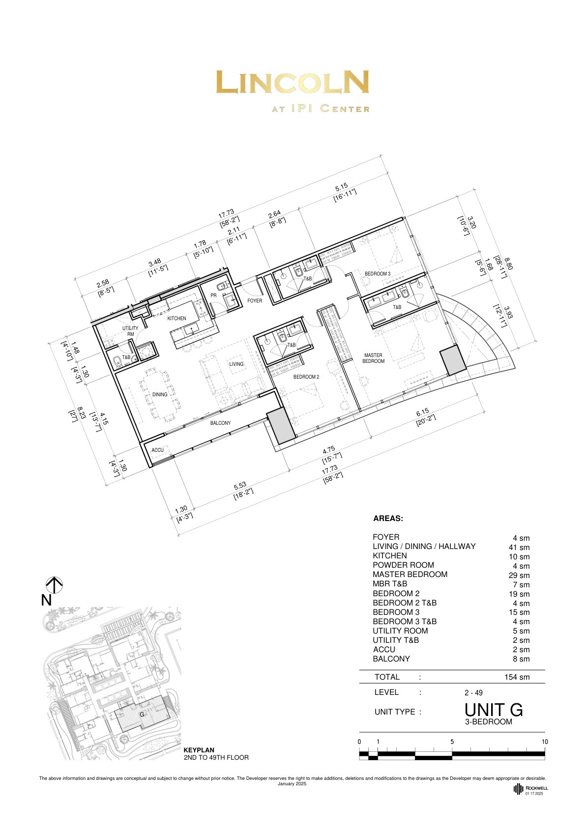 Three Bedroom Floor Plan — Unit G (South-East)